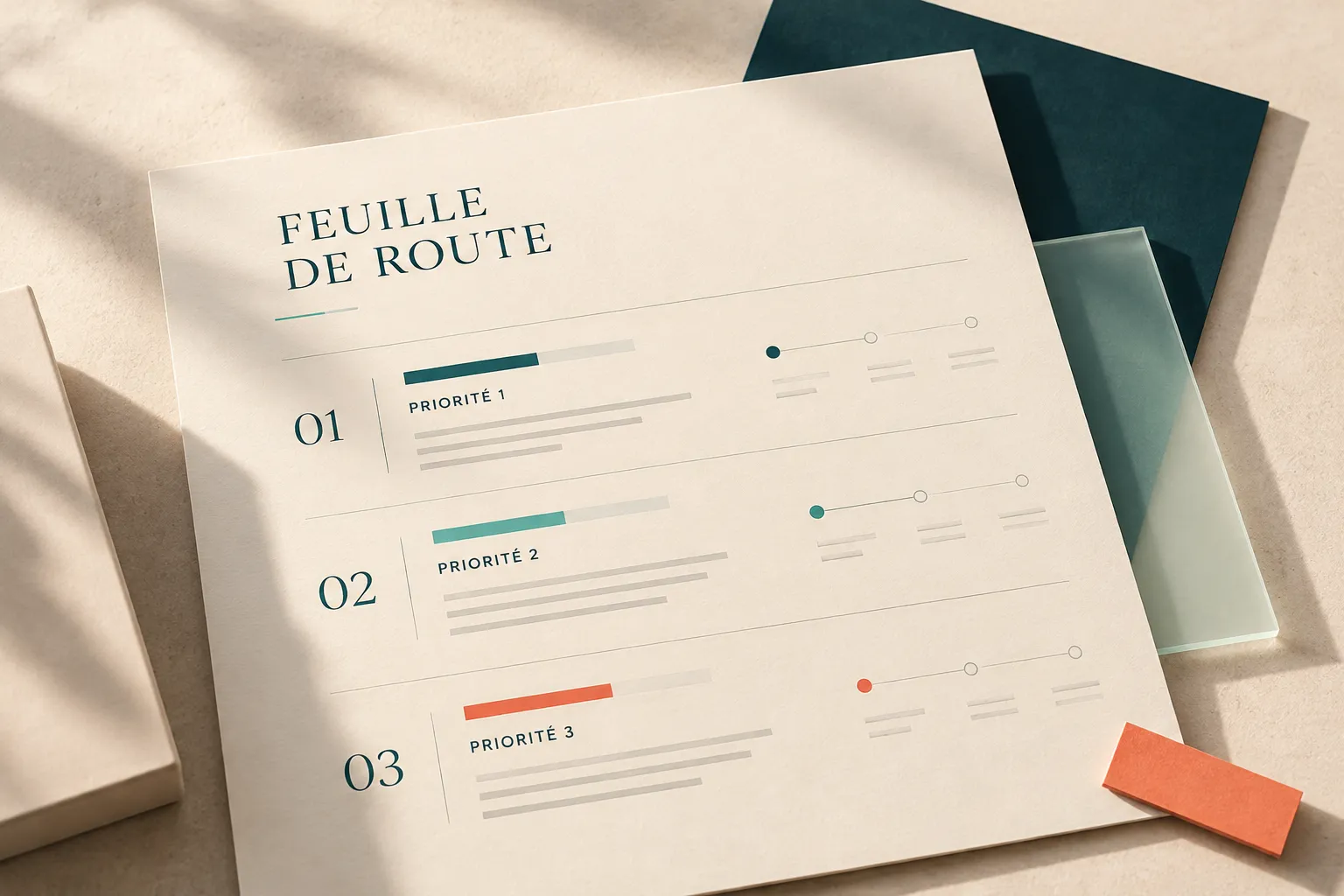 Une feuille de route posée sur une table, présentant trois priorités numérotées