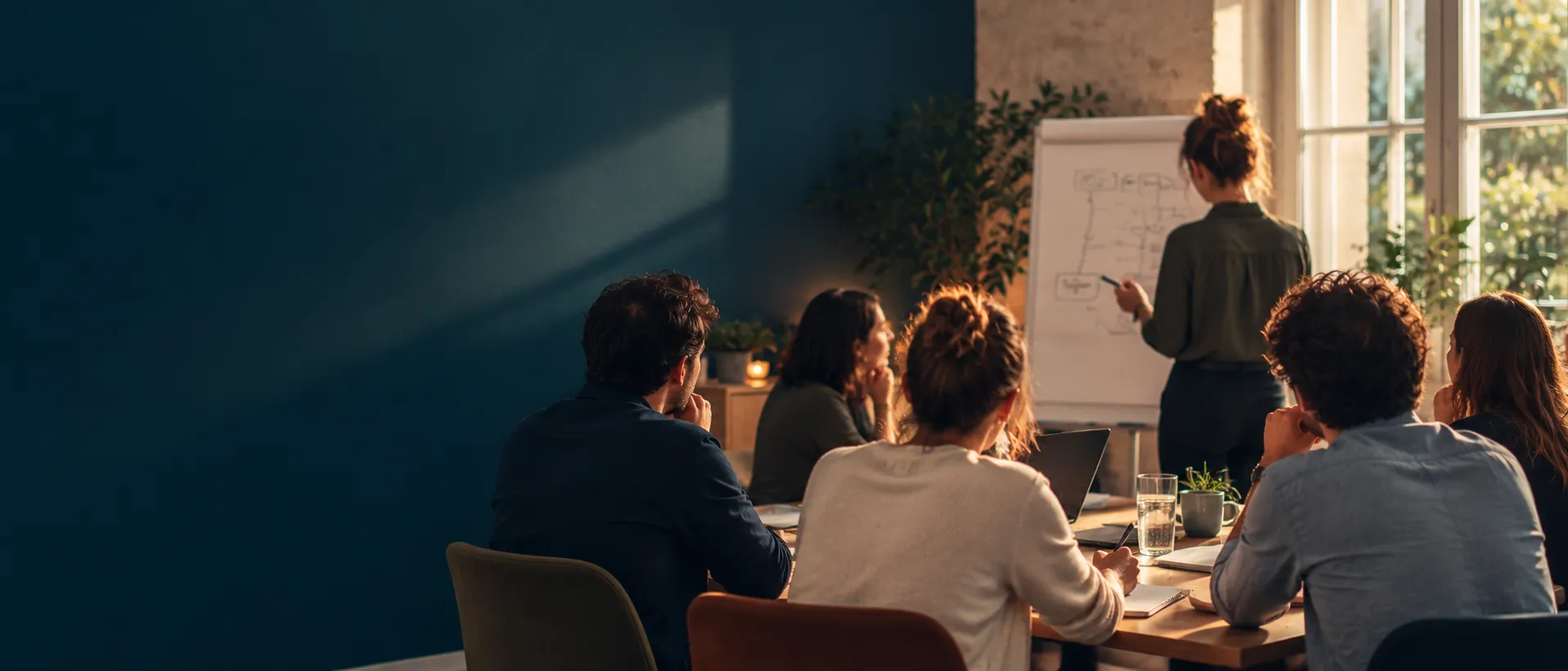 Un petit groupe suit une présentation devant un paperboard, dans un bureau aux murs bleu profond